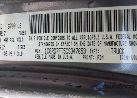 2012 Dodge Ram 1500 из США, поврежденный, VIN 1C6RD7FT5CS347653